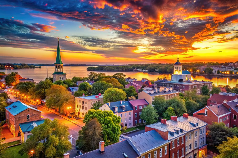 Old Town Alexandria rooftops and the Potomac River at sunset