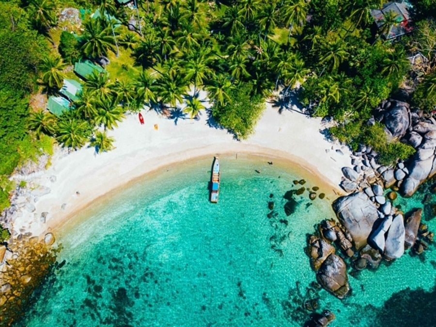 Aerial view of a palm-lined cove with turquoise water on Koh Samui