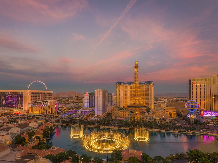 The Las Vegas Strip and Bellagio fountains at dusk